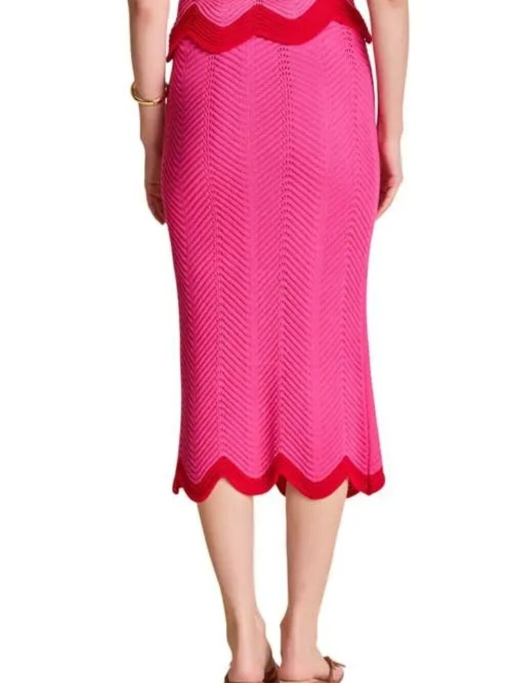 English Factory Pink Chevron Knit Skirt Midi Maxi Red Scalloped Hem S